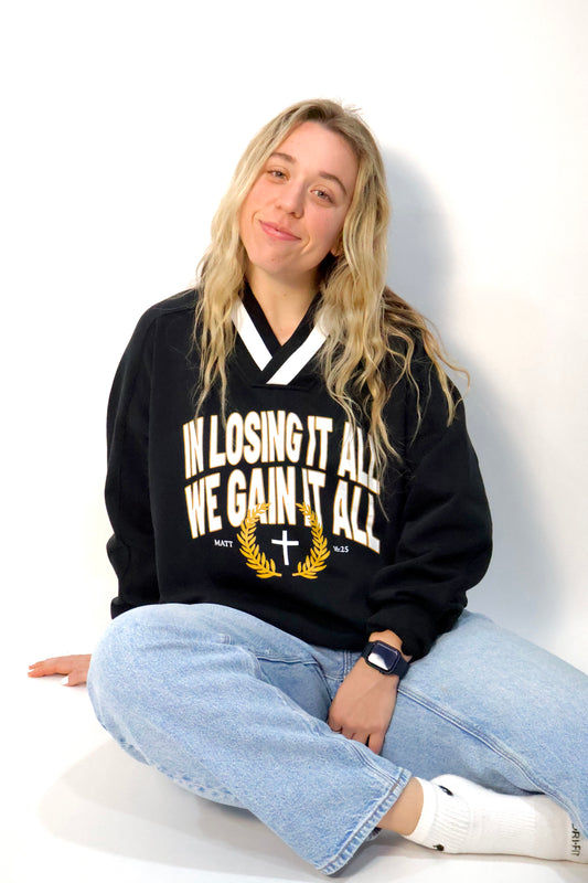 V-Neck Contrast Collar Boxy Sweatshirt